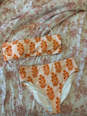 Jcrew Orange Floral Bandeau Bikini Set - High-Waist Bottoms